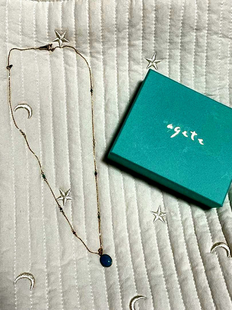 agete K10 gold necklace featuring Clamperl pearl, turquoise, and ruby on a 45 cm chain