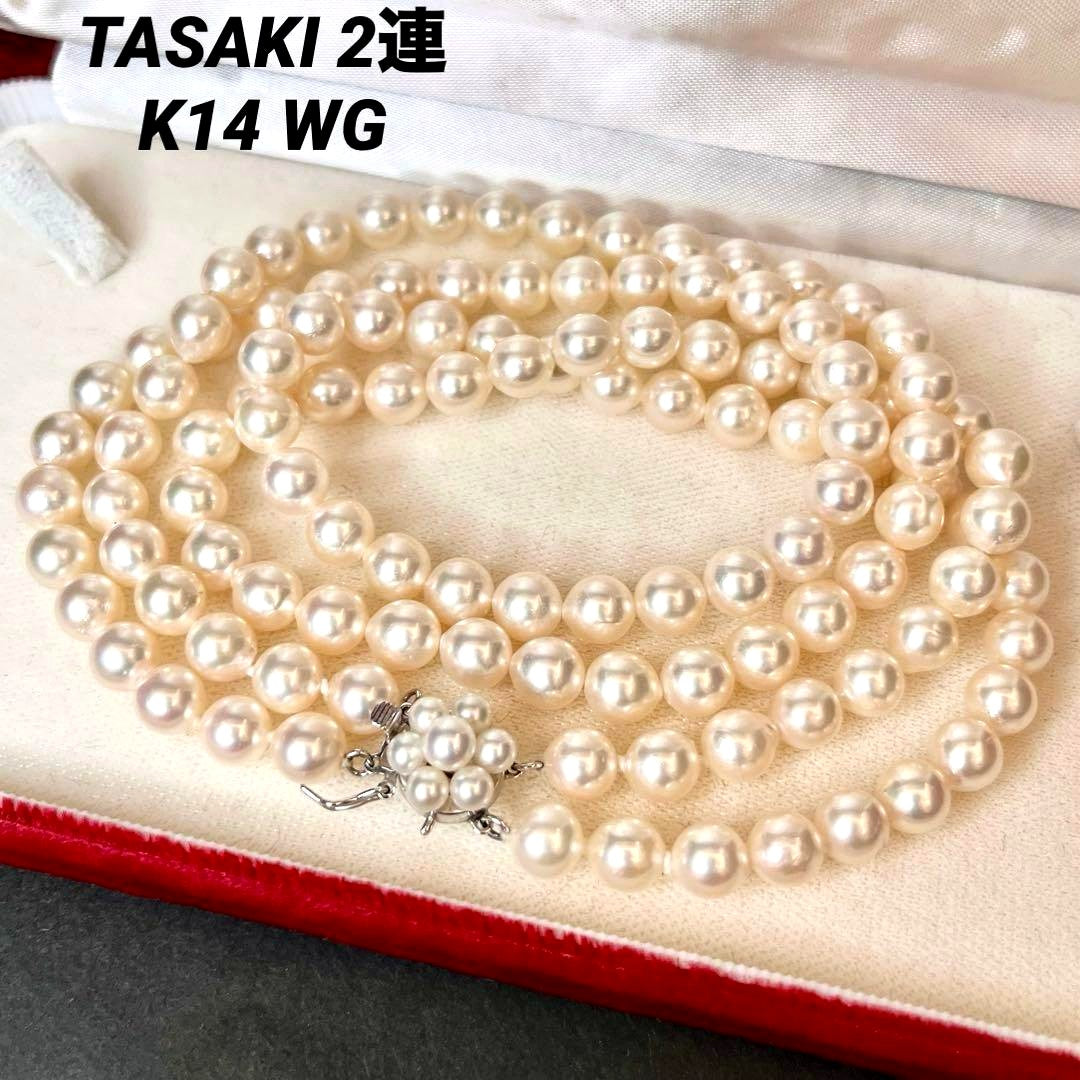 TASAKI 2-strand white Akoya pearl necklace with K14WG clasp, 41cm length, pearls sized 6.5-6.8mm