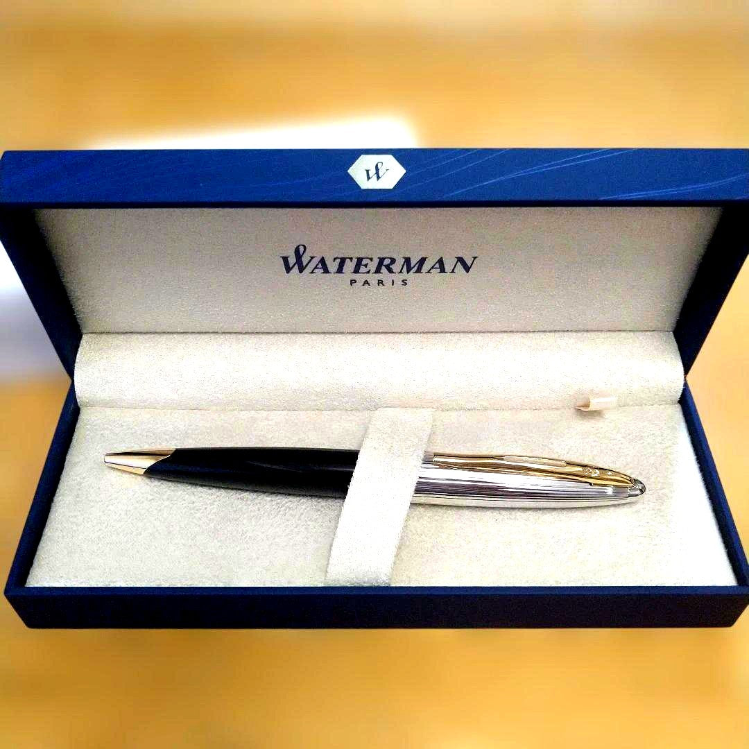 Waterman Caren Deluxe oil-based ballpoint pen in black and silver with model number S2228342, unused