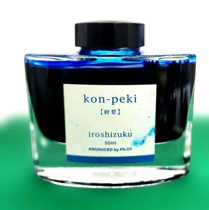 PILOT Iroshizuku Kon-peki 50ml blue ink in a clear glass bottle with blue cap