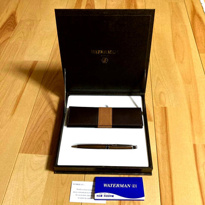 Waterman Expert City Line ballpoint pen in Urban Brown with included pen case, shown slightly scuffed