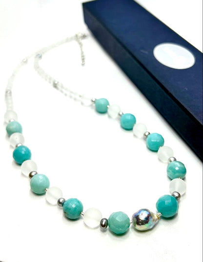 Natural blue pearl and amazonite necklace with Akoya and no-dyed freshwater pearls, approx. 50-55cm long