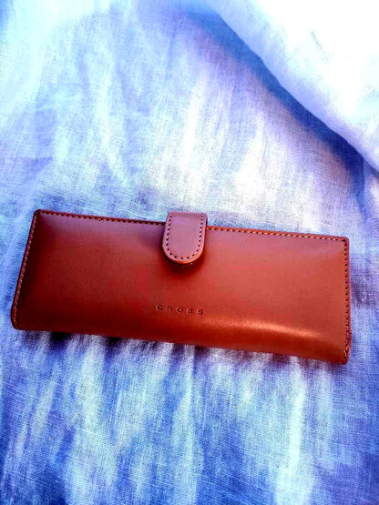 Cross genuine leather pen case in brown for storing fountain pens with minor scratches visible