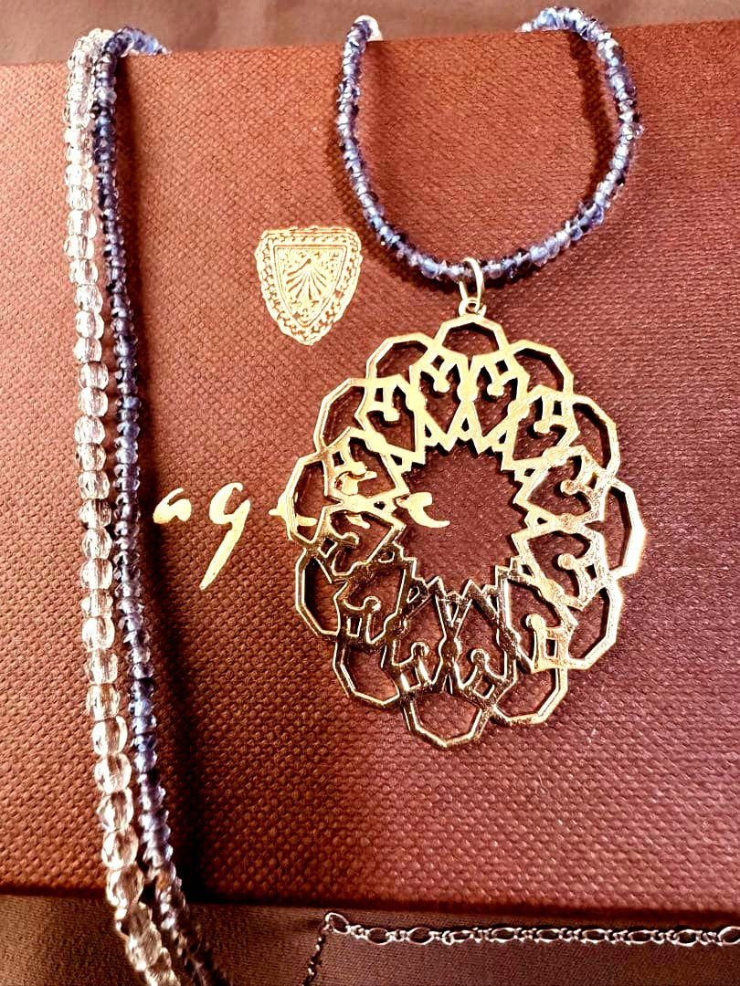 Agete filigree motif tanzanite long necklace with removable gold-coated silver charm on 70cm chain