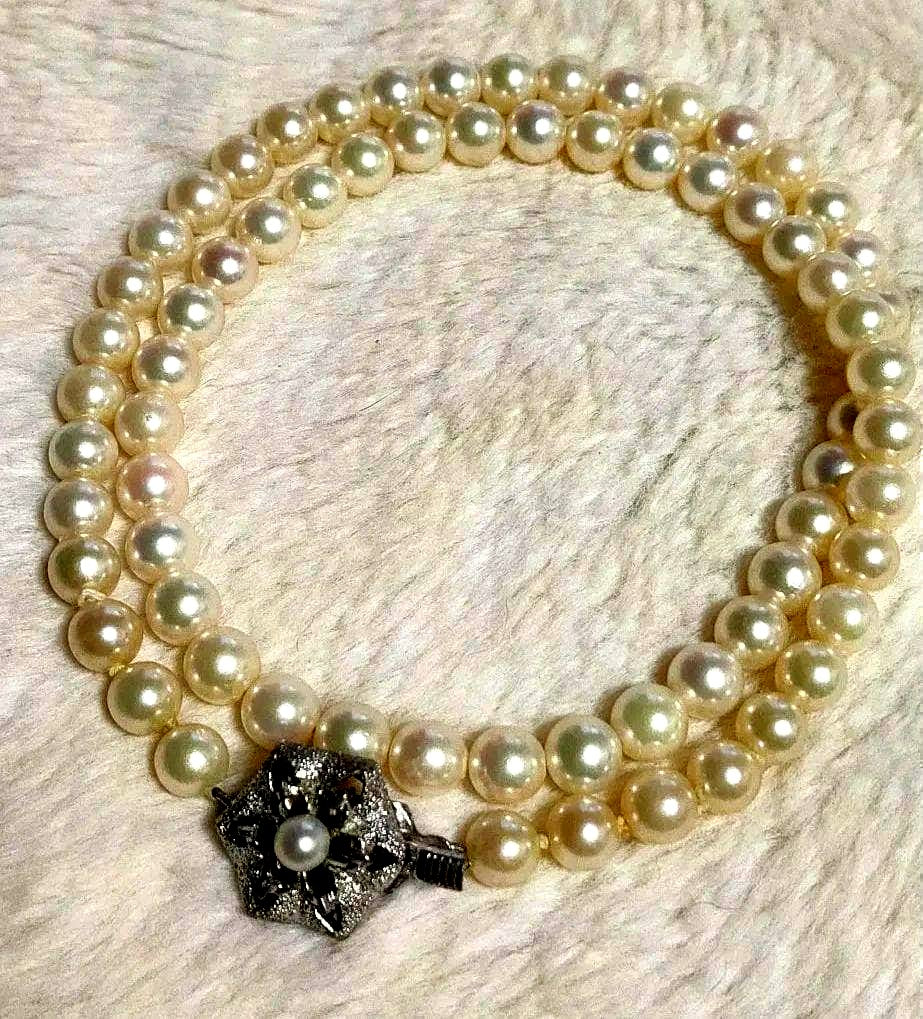 Aqoya pearl necklace featuring white pearls and silver SV925 chain, 45 cm long, pearls sized 5.9 to 6.3 mm