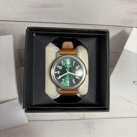 Citizen Eco-Drive green dial brown leather Solar Men's Watch — Japanese