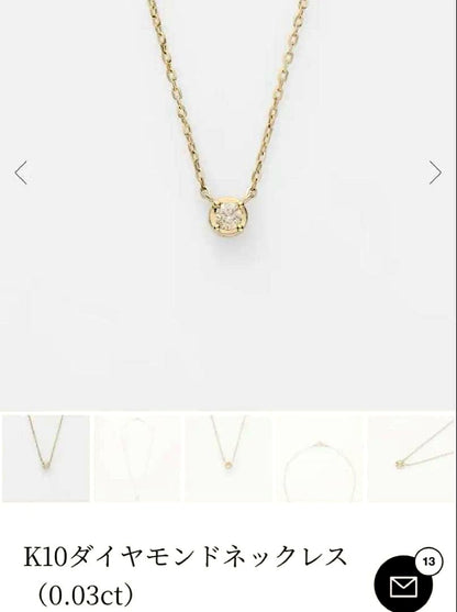 agete K10 yellow gold diamond necklace 0.03ct on white background length 40 cm adjustable