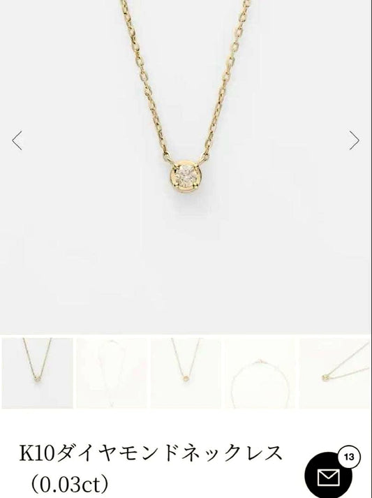 agete K10 yellow gold diamond necklace 0.03ct on white background length 40 cm adjustable
