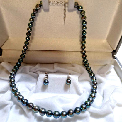 Akoya 6mm pearl Tahitian color necklace 37cm with matching titanium earrings displayed on white background