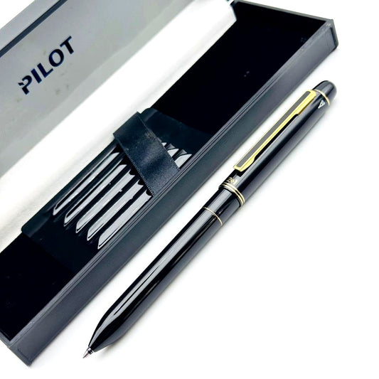 Black and gold Pilot 2+1 multi-function pen with 2-color ballpoint and 0.5mm mechanical pencil with case
