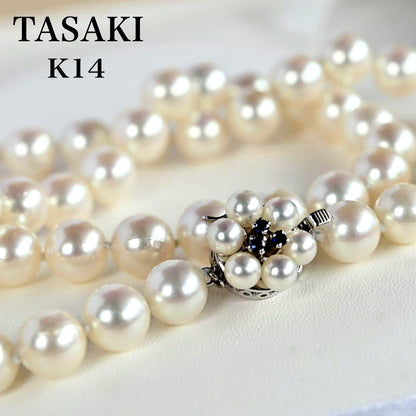 Takasaki K14 Akoya pearl necklace featuring 8mm pearls and sapphire flower pendant