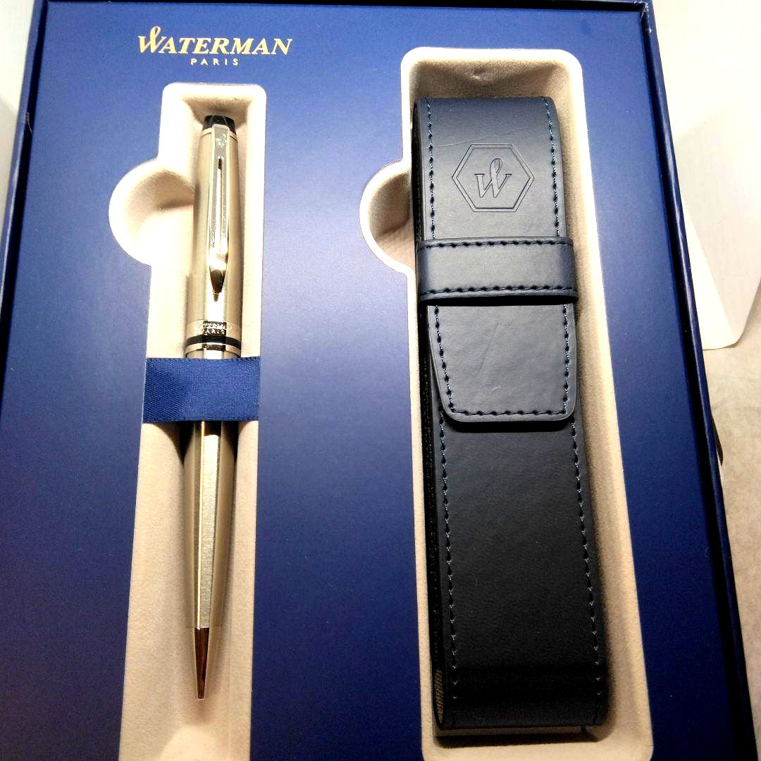 Waterman Expert silver ballpoint pen with black leather case on a white background