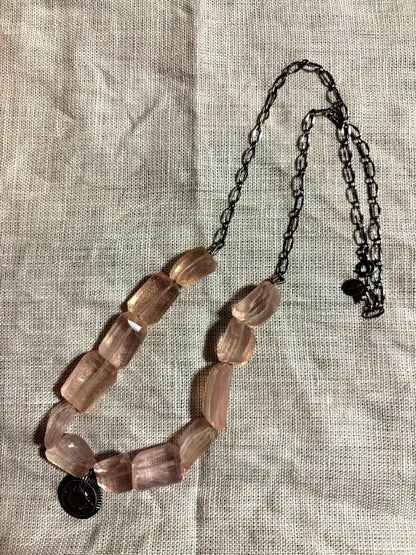 Agete silver 925 necklace with antique finish and rose quartz stone, 50 cm length