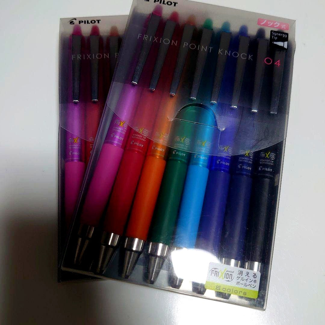 Two sets of Pilot Friction Point Knock 04 pens with 8 different ink colors in each set