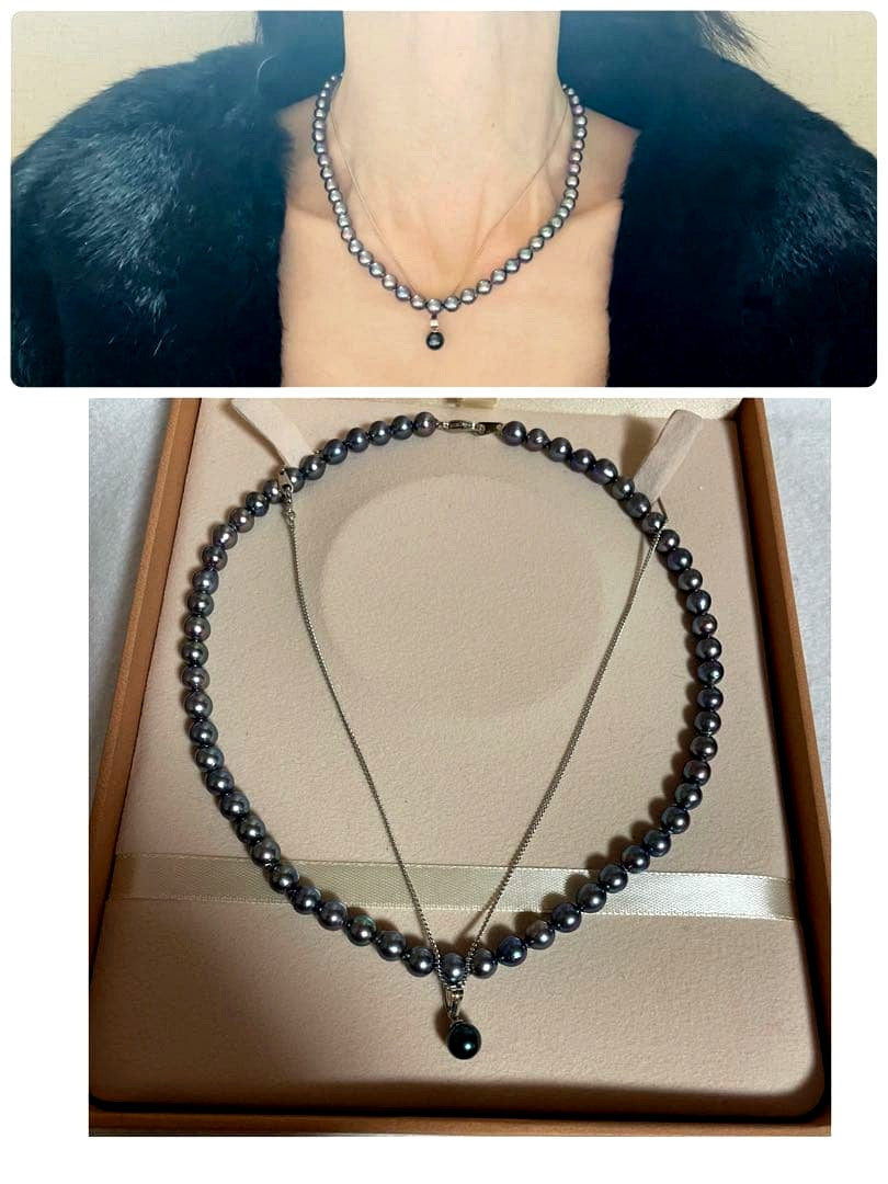 Simple modern black pearl pendant and necklace set with 6 mm pearl and 42 cm chain