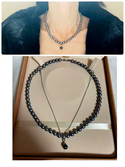 Simple modern black pearl pendant and necklace set with 6 mm pearl and 42 cm chain