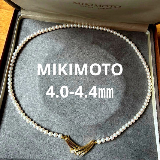 MIKIMOTO Baby Pearl Necklace with 4.0-4.4mm Akoya pearls, 43cm length, K18 yellow gold clasp and diamond pendant