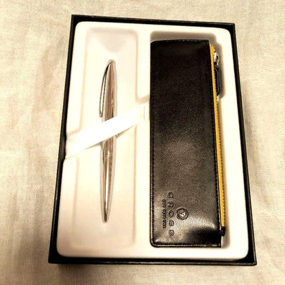 Cross silver ballpoint pen with black leather case and presentation box from Japan import