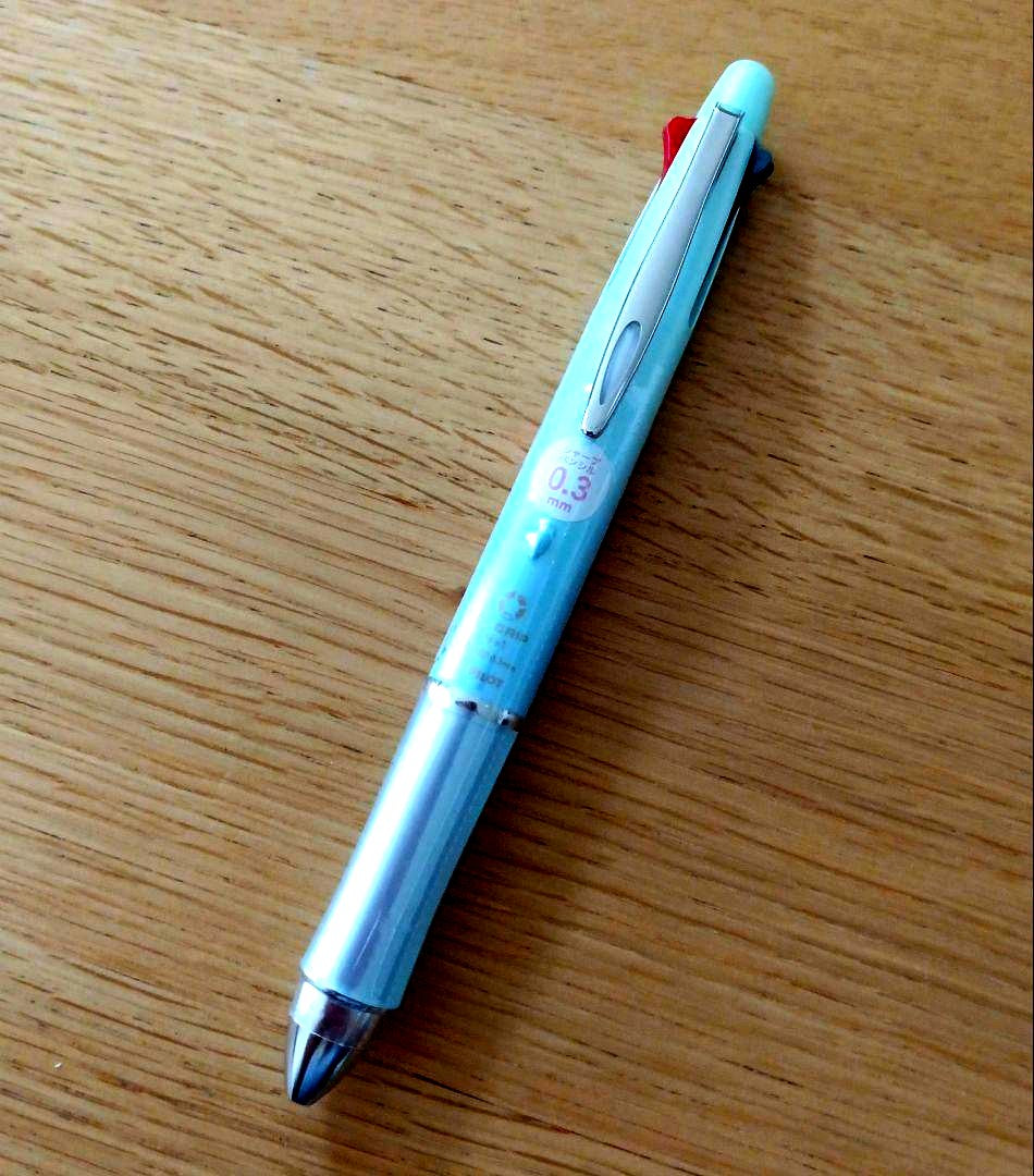Pilot Dr. Grip 4+1 multi-function pen in gradient soft blue with black red blue green ink and 0.3mm pencil tip