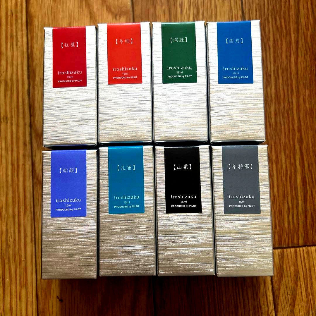 PILOT iroshizuku fountain pen ink bottles in multiple colors including Momiji, Deep Green, and Konpeki