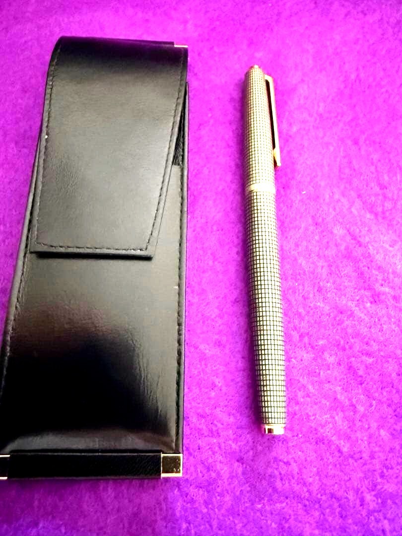PILOT silver fountain pen with metallic lattice pattern and included dedicated case on white background