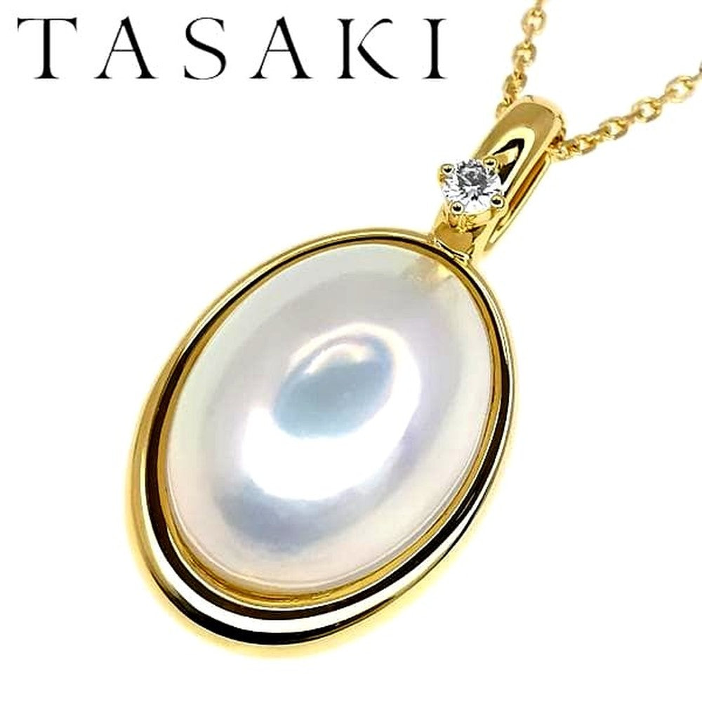 TASAKI K18 yellow gold necklace with a Mabe pearl pendant and small diamond accents on a 45cm chain