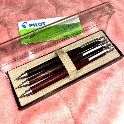 Pilot mechanical pencils 3-piece set in black red and brown with wooden exterior and transparent case