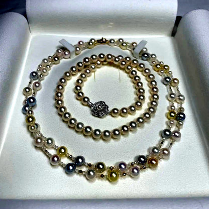 K18 multi-color Akoya pearl necklace set with 8mm, 5mm, and 6mm pearls on a 45cm chain
