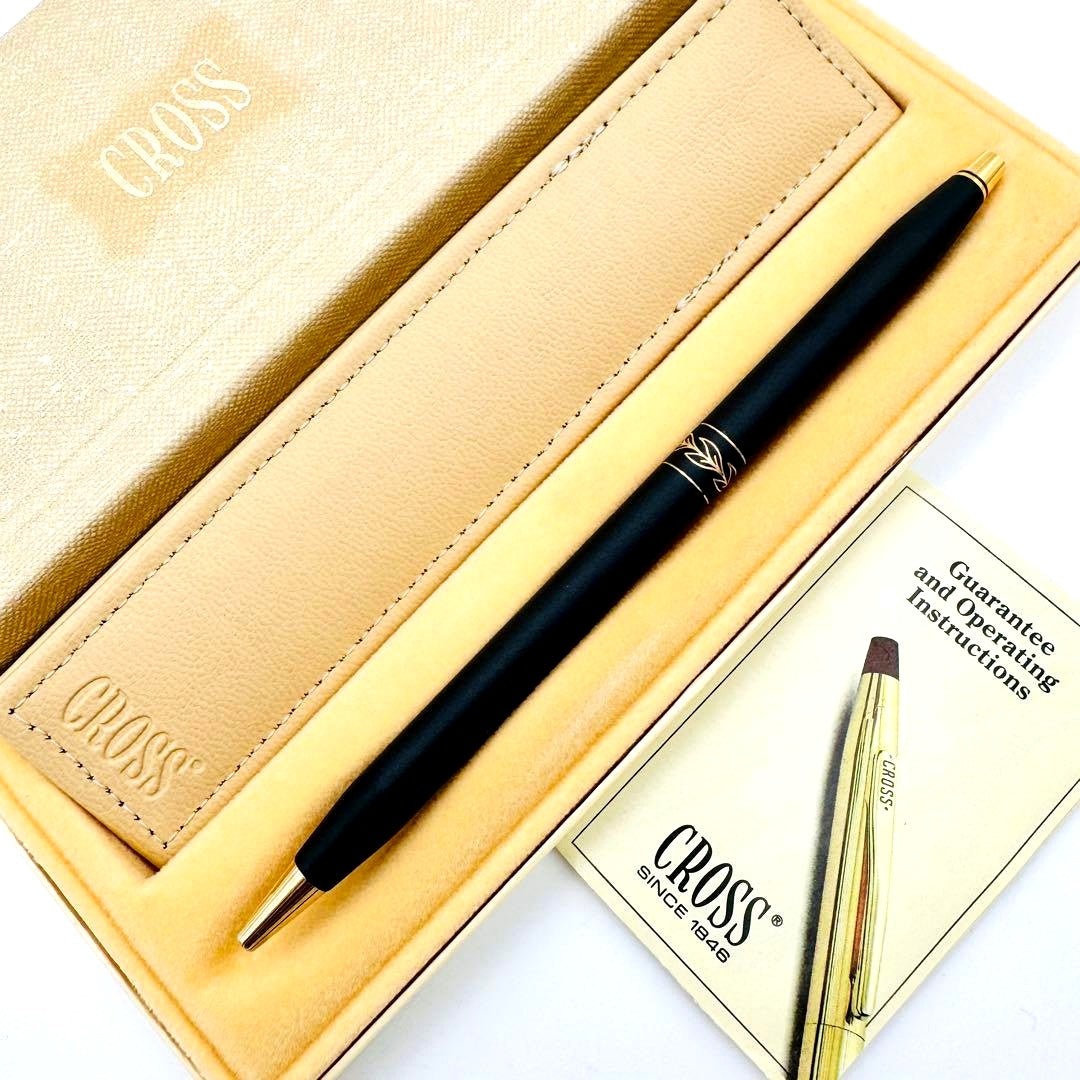 Cross Classic Black Ballpoint Pen with center leaf pattern, blue ink, and 23K gold plating in original box