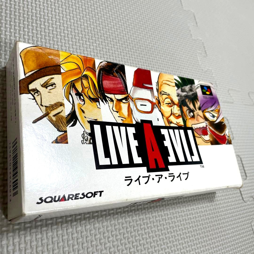 Super Famicom Live A Live game cartridge with box, manual, and plastic case showing visible discoloration on the back