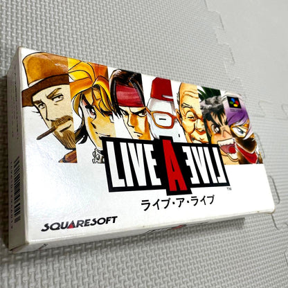 Super Famicom Live A Live game cartridge with box, manual, and plastic case showing visible discoloration on the back