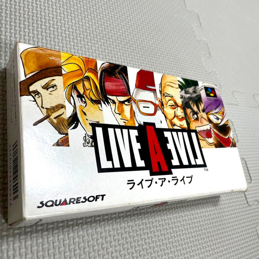 Super Famicom Live A Live game cartridge with box, manual, and plastic case showing visible discoloration on the back