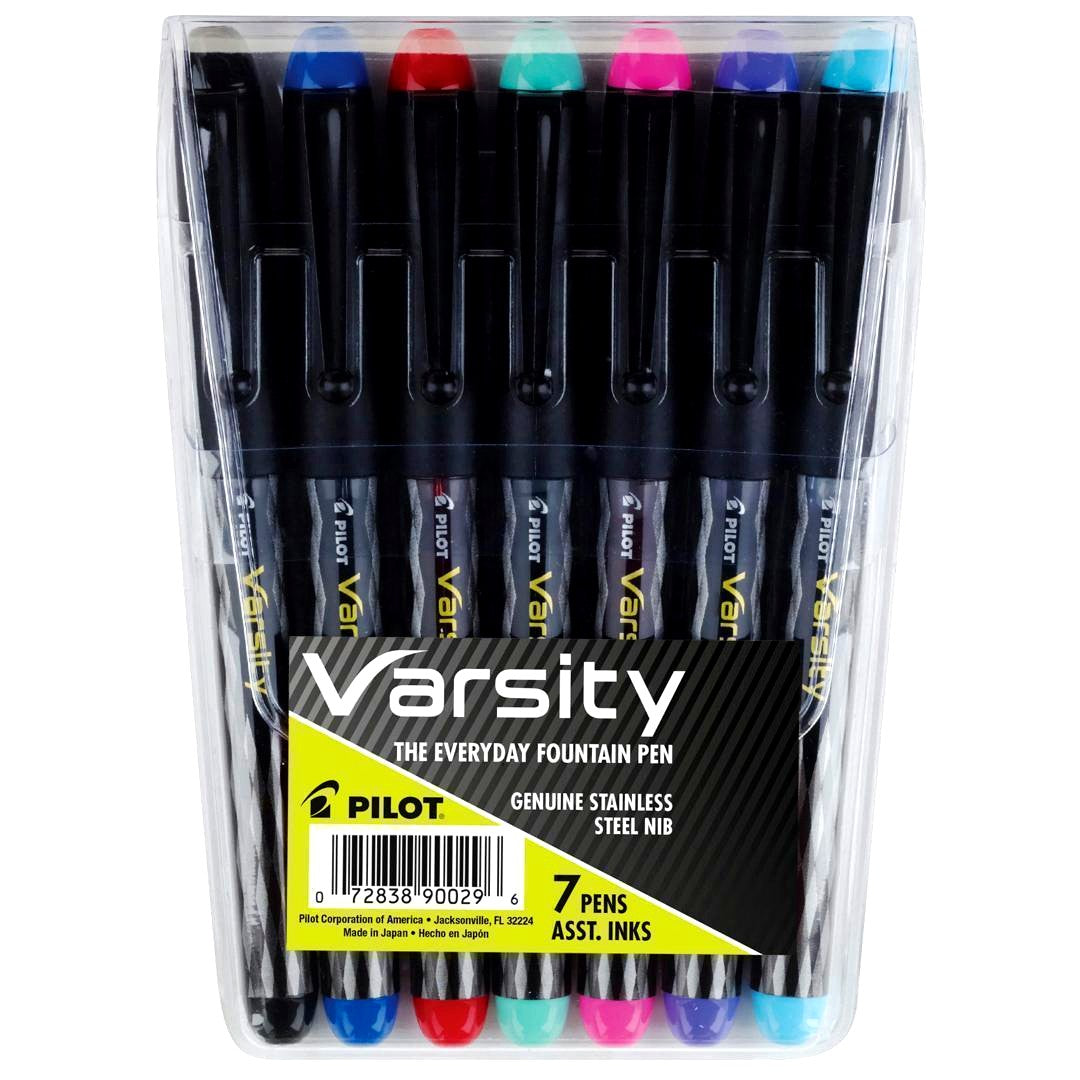 Domestic Unreleased Pilot Varsity V-Pen 7-Color Set with medium steel tips in black, blue, red, light blue, pink, purple, and green