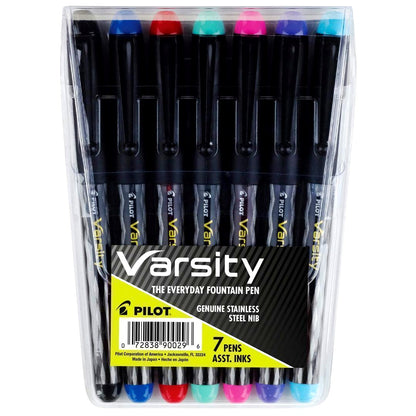 Domestic Unreleased Pilot Varsity V-Pen 7-Color Set with medium steel tips in black, blue, red, light blue, pink, purple, and green