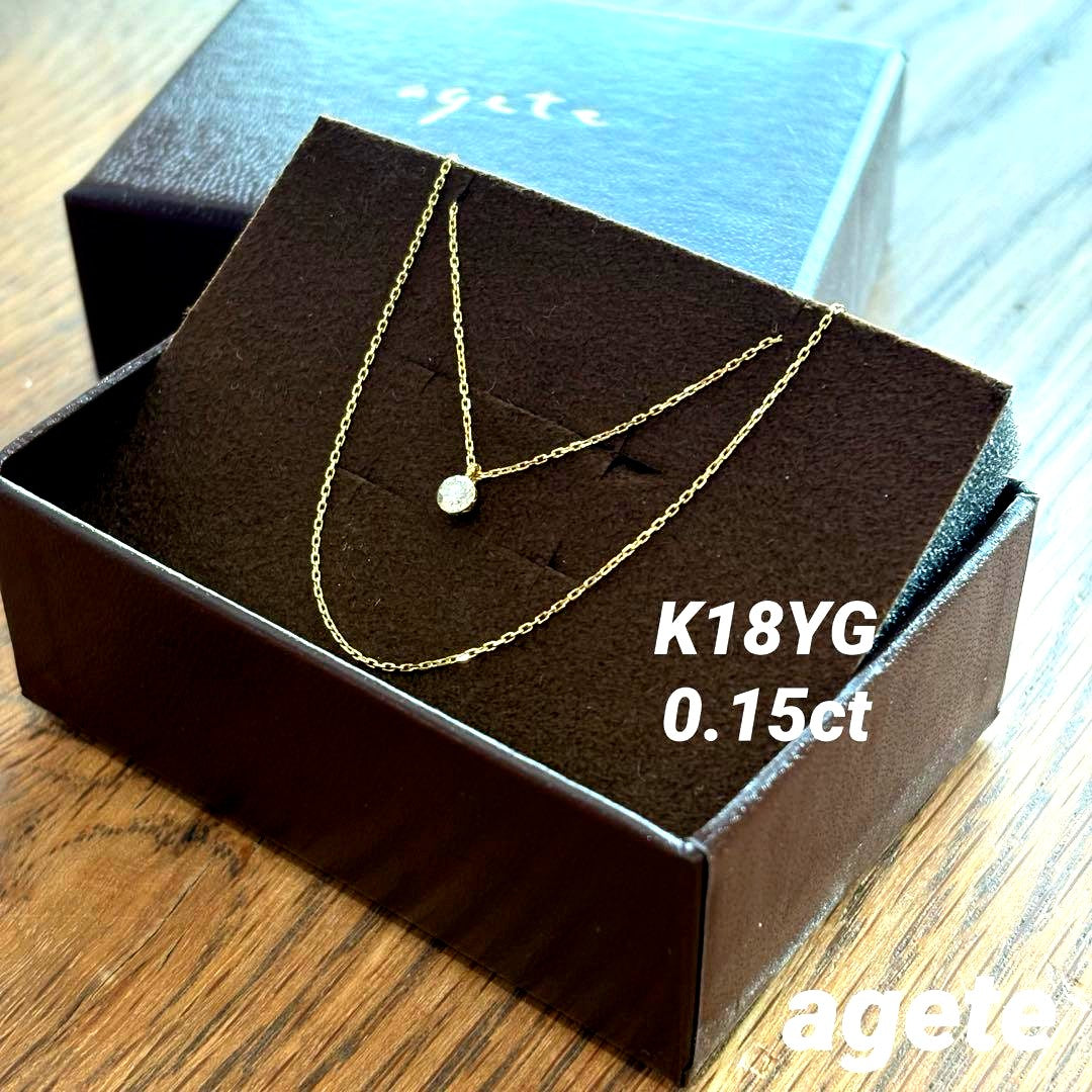 Agete K18 0.15ct diamond necklace with a 45 cm chain displayed on a white background