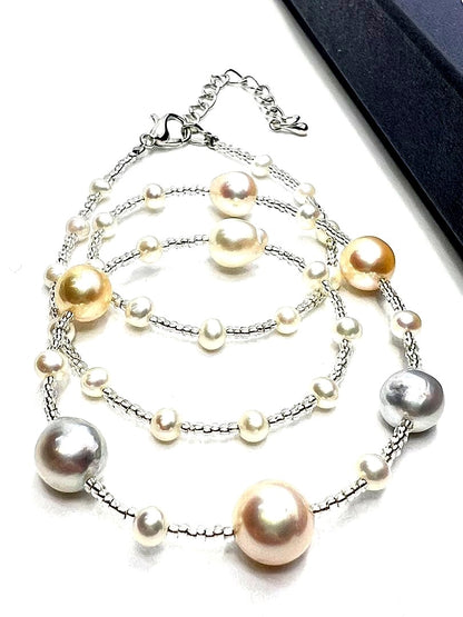 Akoya pearl multi-color necklace featuring natural blue and baby freshwater pearls, 40-45cm length