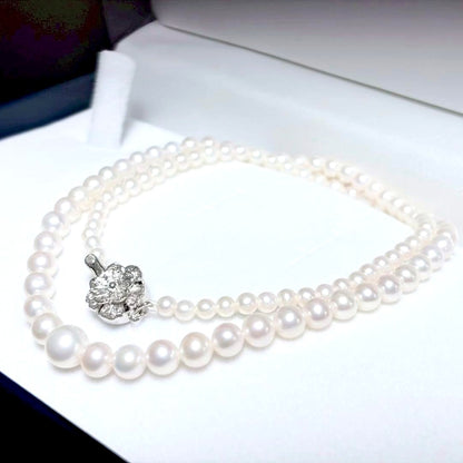 Akoya genuine pearl necklace with white 3.5-7.3mm pearls on a 44cm silver chain