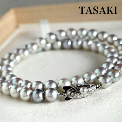 Tossaki Akoya pearl necklace featuring 7-7.5mm round pearls with silver clasp on a 42cm strand