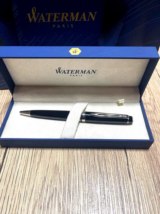 Waterman black ballpoint pen with matching case in blue box featuring gold logo