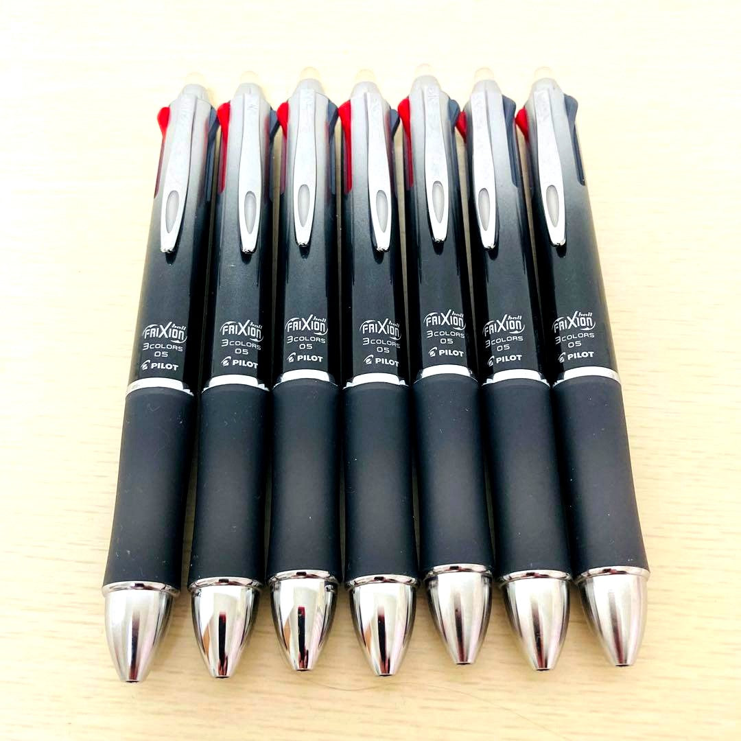 Set of seven Pilot Frixion 3 Metal Black Gradient pens with black red and blue ink and silicone grips