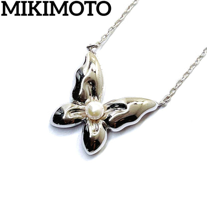 Mikimoto baby pearl butterfly necklace pendant with 4.0mm pearl on silver chain with adjustable length