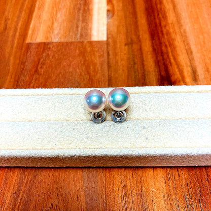 7.5-8.0mm PT platinum Akoya pearl earrings with irregular shape and visible surface scratches