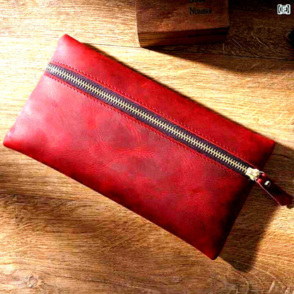 Yashica genuine vintage red leather pen case with large capacity and simple design