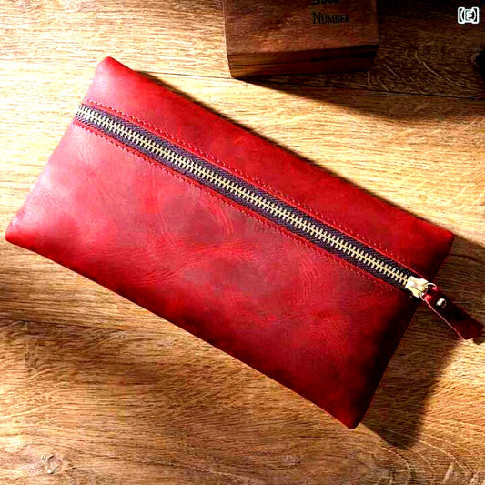 Yashica genuine vintage red leather pen case with large capacity and simple design