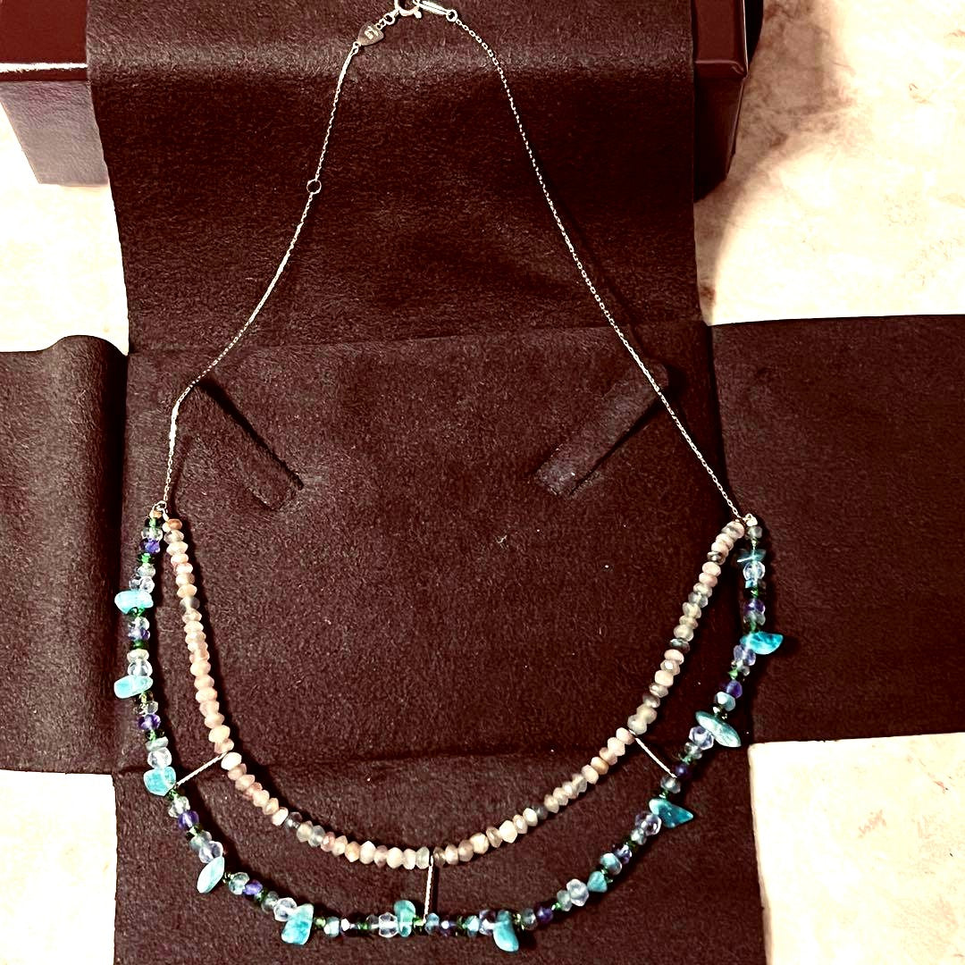 Gabatt K10 stone necklace with moonstone, labradorite, amethyst, dissit, and apatite on a white background