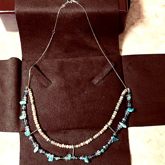 Gabatt K10 stone necklace with moonstone, labradorite, amethyst, dissit, and apatite on a white background
