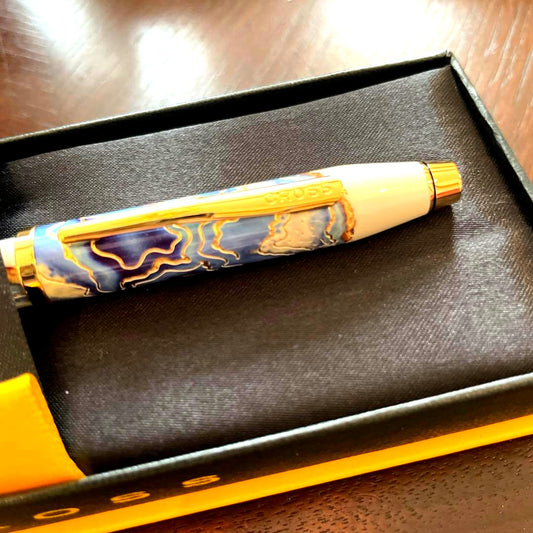 Cross Wanderlust Marble Pattern Metal Ballpoint Pen Model 16 with white, blue, and gold colors and dedicated case