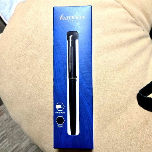 Black Waterman ballpoint pen, new and unused, displayed unopened with worn box