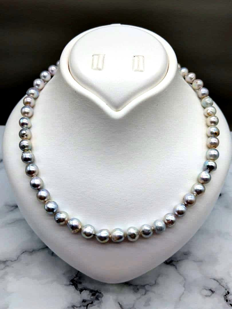 Akoya genuine pearl black baroque necklace 8-8.5mm silver gray tone with silver clasp on white background