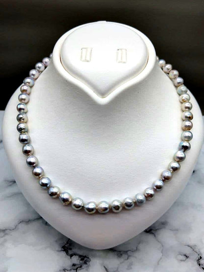 Akoya genuine pearl black baroque necklace 8-8.5mm silver gray tone with silver clasp on white background